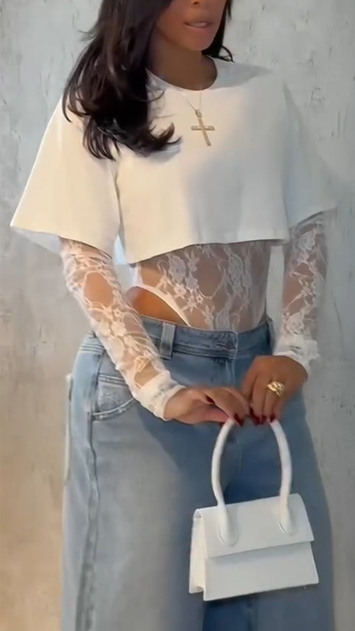 Dames Top met Ronde Hals en Kant – Tweedelige Look, Casual en Elegant