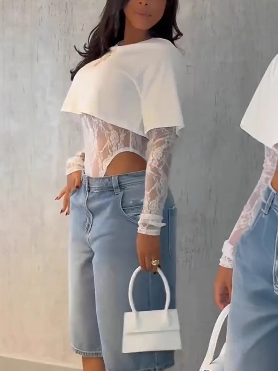 Dames Top met Ronde Hals en Kant – Tweedelige Look, Casual en Elegant